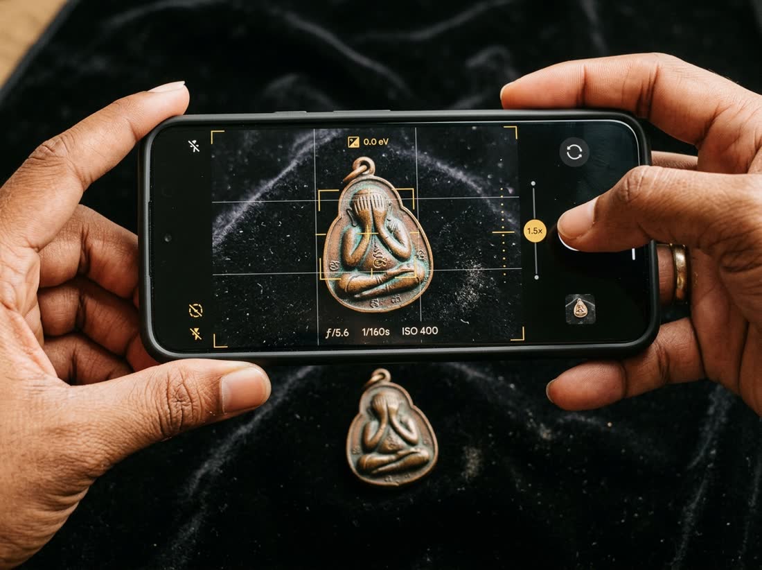 ถ่ายรูปพระด้วยมือถือบนผ้าสีเข้ม